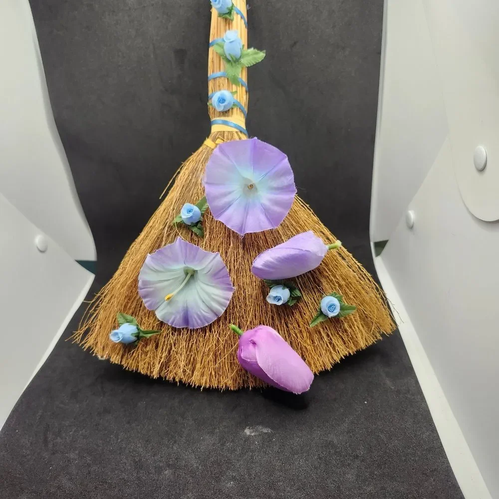 Hand Crafted Decorative Spring Broom  Purple Tulips Blue Morning GloryFlowers
